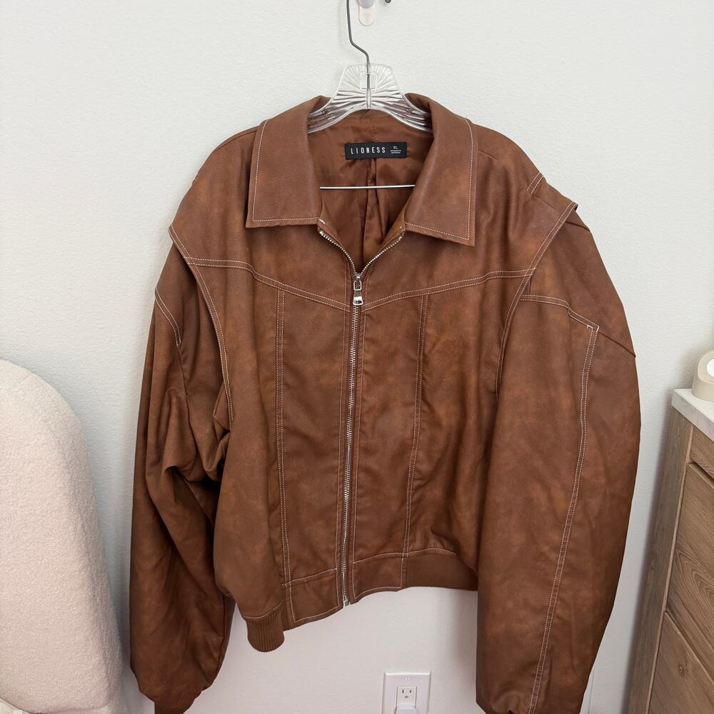 Lioness Brown Contrast-Stitch Bomber Jacket Size XL - Picture 6 of 8